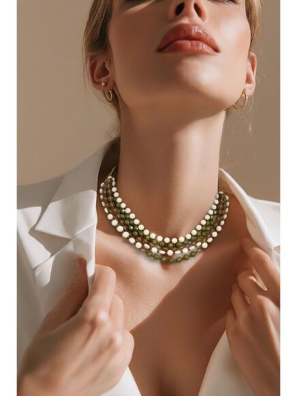 Vintage plastic gold and three color bead strand necklace with matching earrings